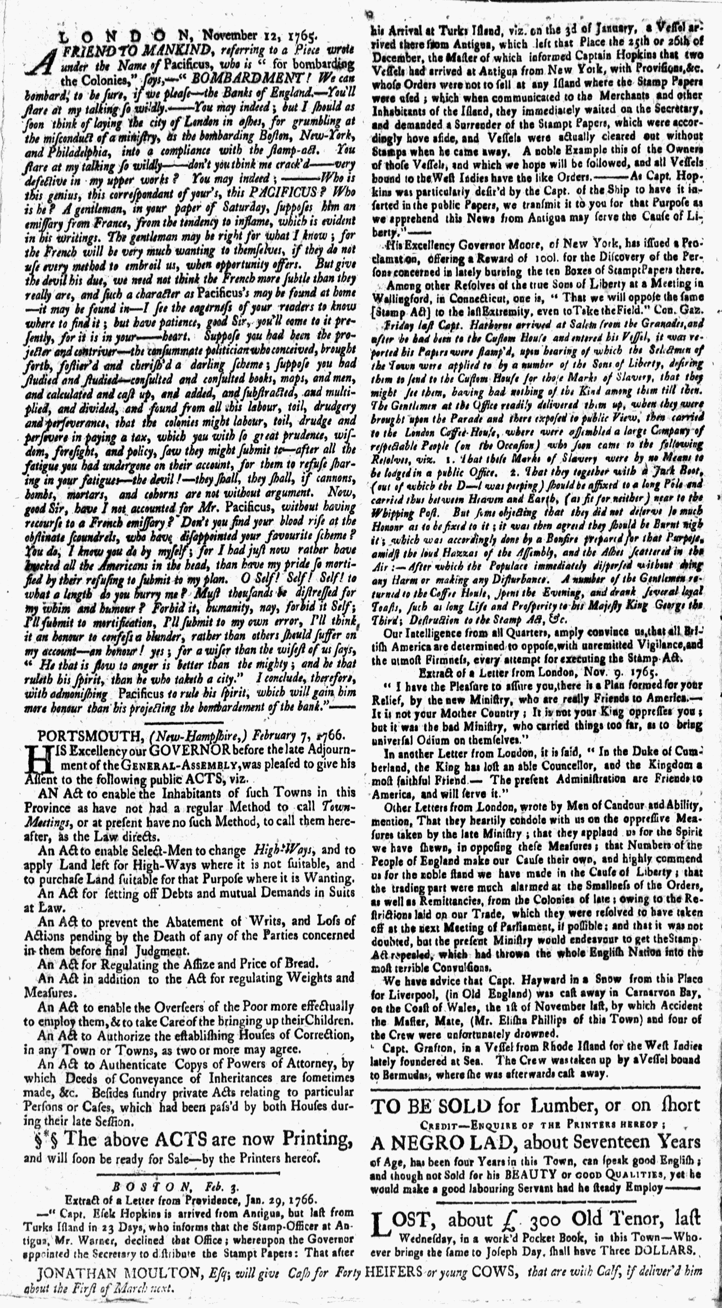 Feb 7 - New-Hampshire Gazette Fourth Page 2:7:1766