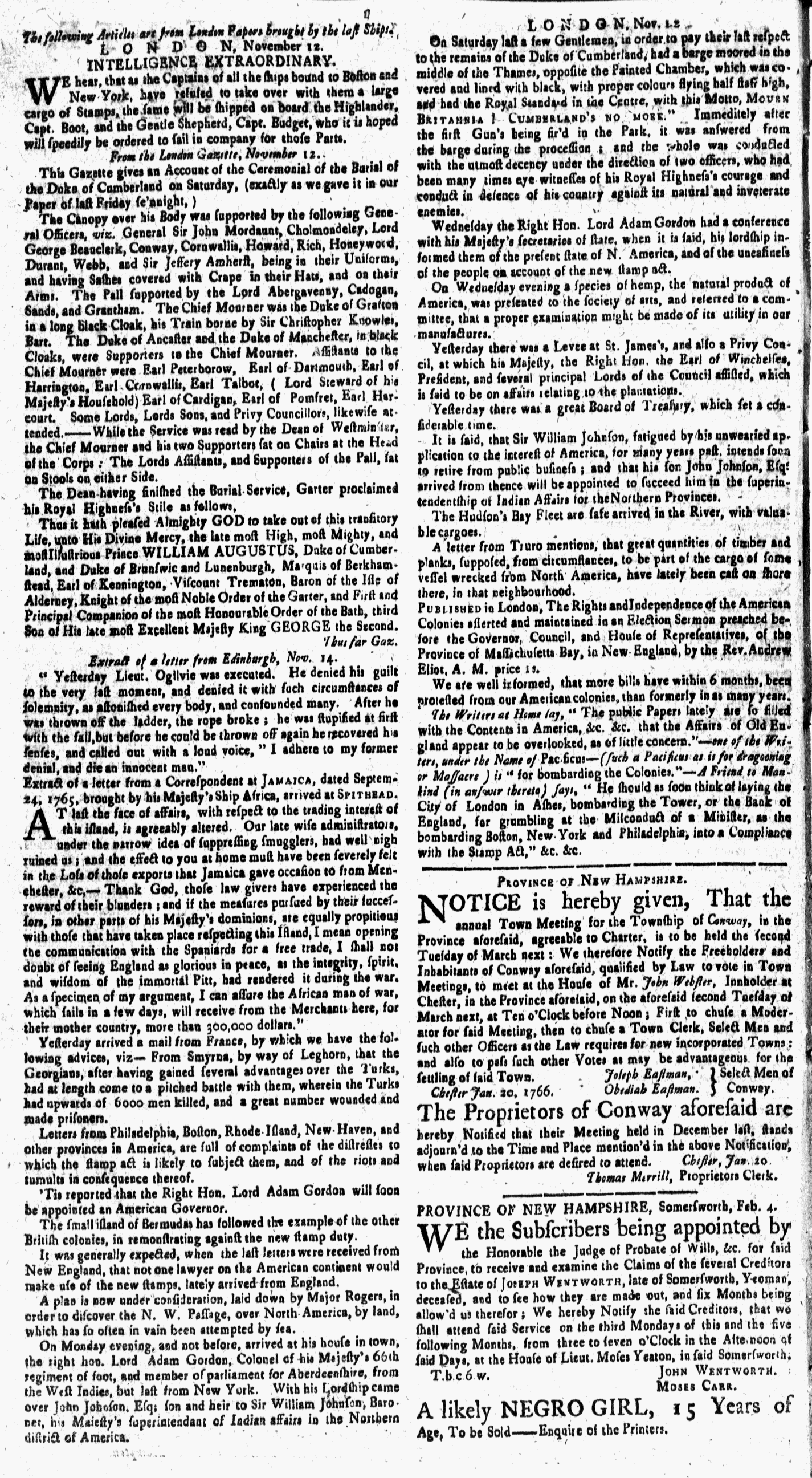 Feb 7 - New-Hampshire Gazette Second Page 2:7:1766
