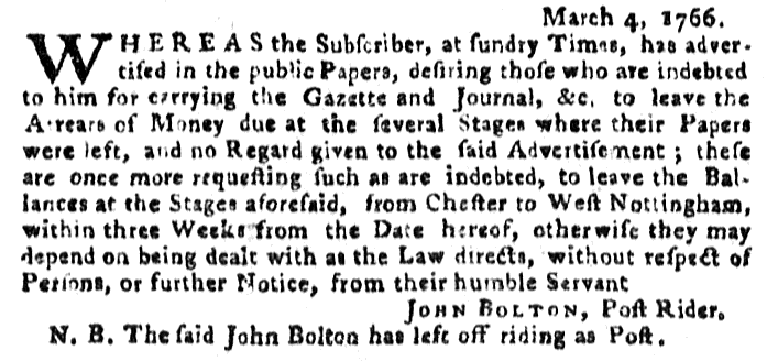 Mar 22 - Post Rider 3:20:1766 Pennsylvania Gazette