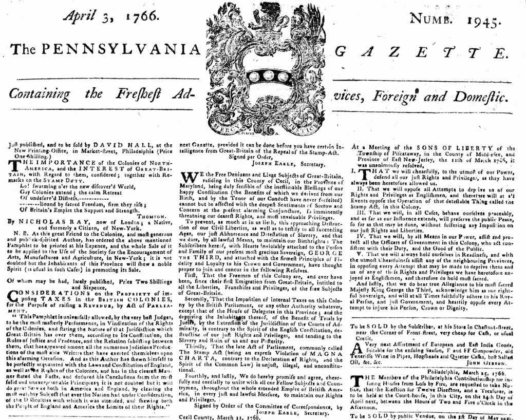 Apr 6 - First Page of Pennsylvania Gazette