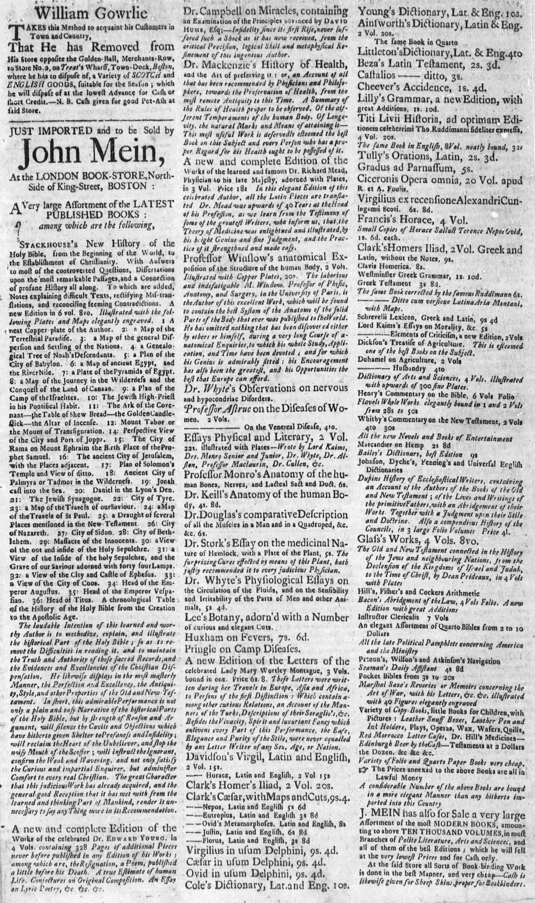 Apr 8 - John Mein Advertisement 4:3:1766 Massachusetts Gazette