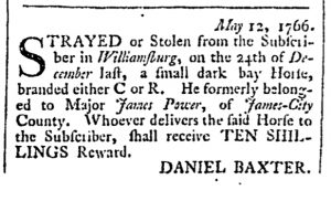 May 16 - Stray Horse 5:16:1766 Rind's Virginia Gazette