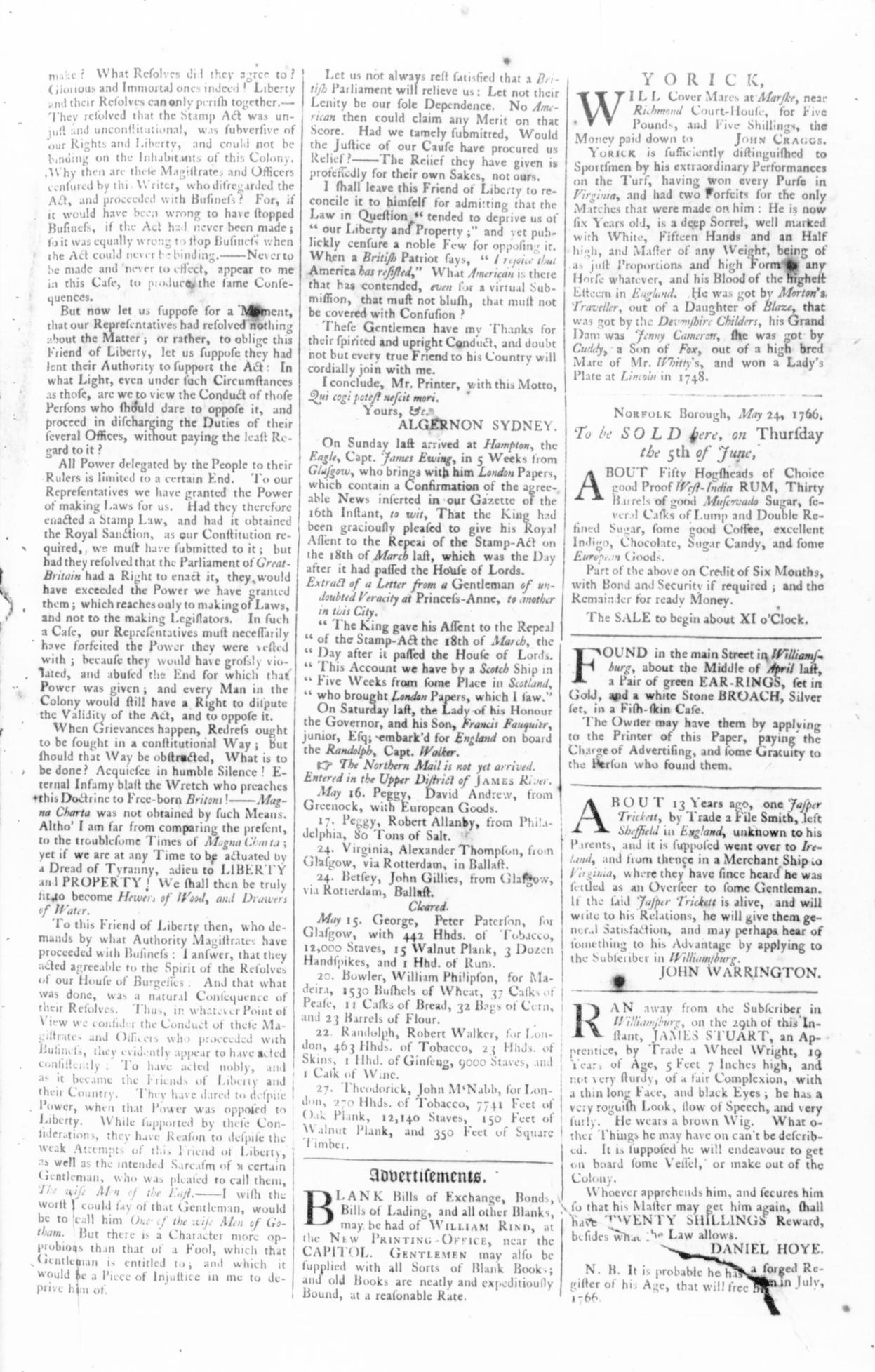 May 31 - 5:30:1766 Rind's Virginia Gazette 3rd page