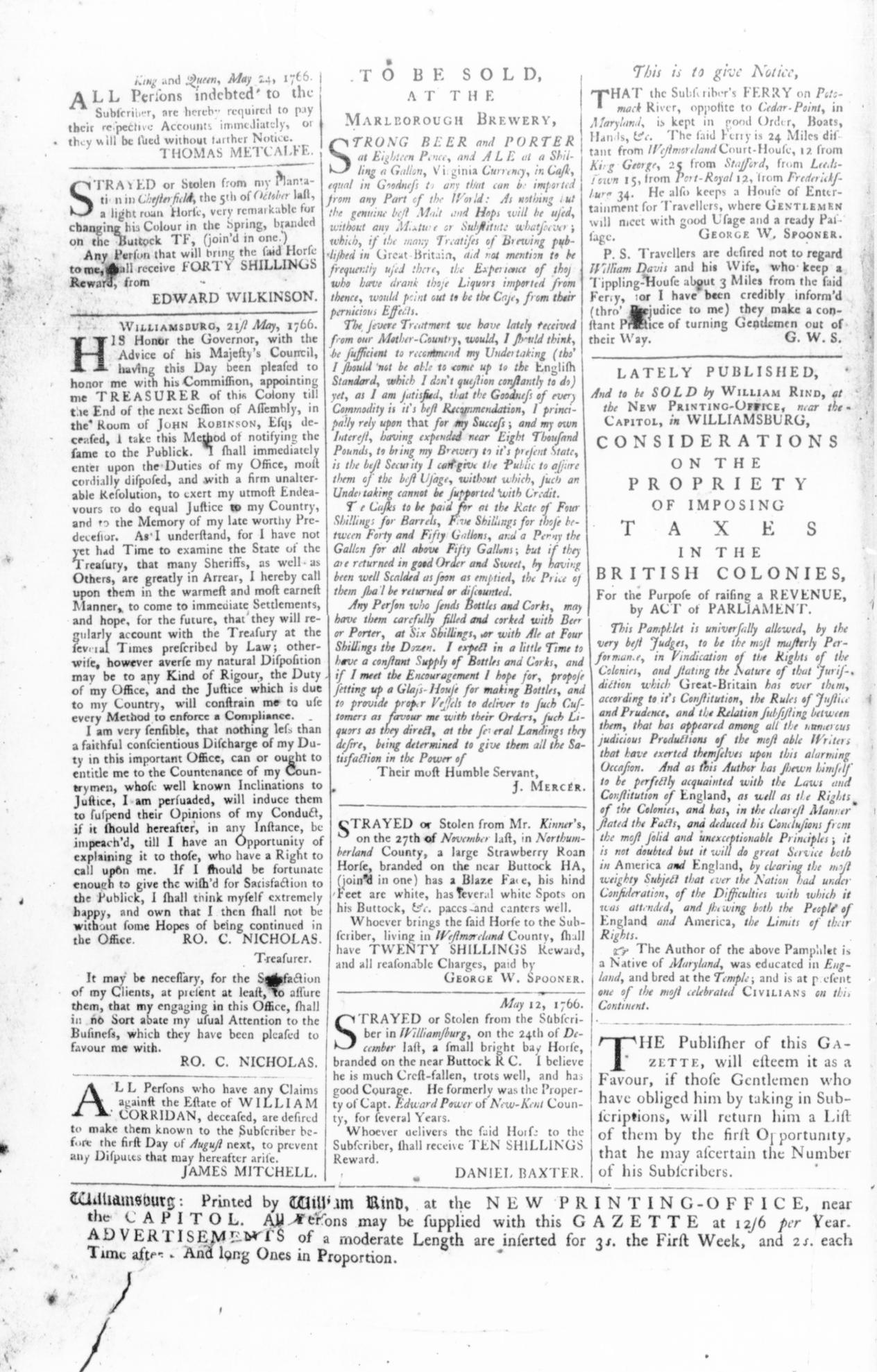 May 31 - 5:30:1766 Rind's Virginia Gazette