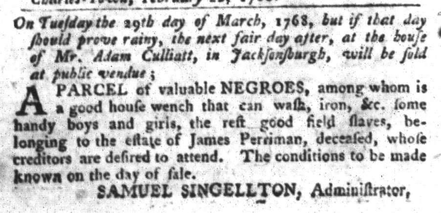 Feb 23 - South-Carolina Gazette and Country Journal Slavery 1