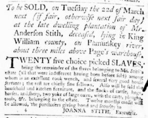 Feb 25 - Virginia Gazette Purdie and Dixon Slavery 1