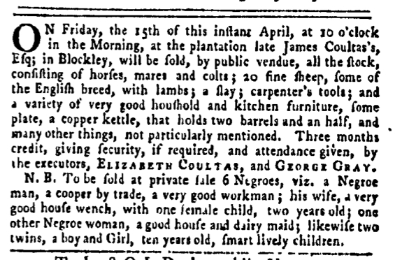 Apr 14 - Pennsylvania Gazette Slavery 1