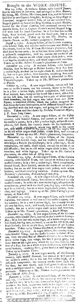 Jan 9 1770 - South-Carolina Gazette and Country Journal Slavery 17